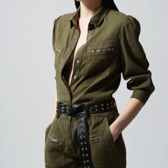 The Kooples Pants - The Kooples Jumpsuit Green Khaki Linen Belt Size M